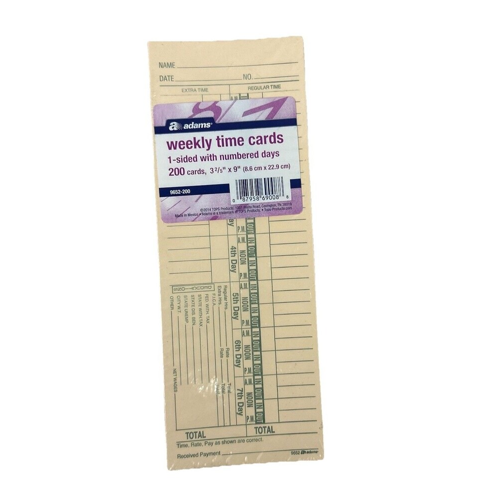 Adams Weekly Time Cards 9652-200 1-Sided Numbered Days – Pack of 200, 3.25" x 9"